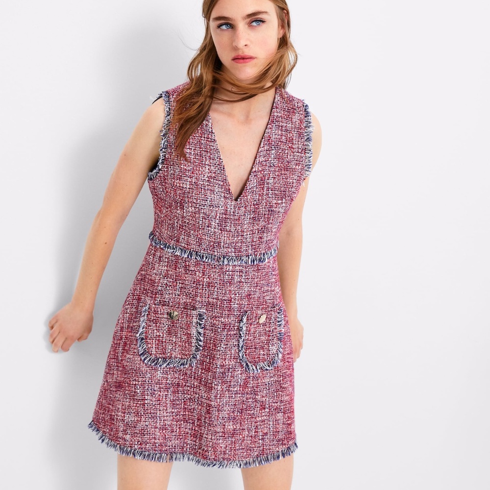 Zara Tweed Dress Red V Neck - Picture 3 of 7